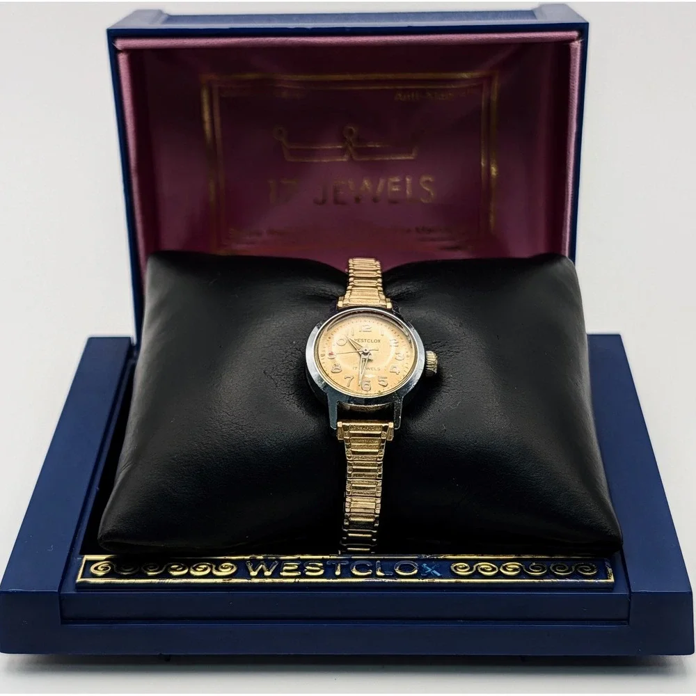 Westclox Vintage 17 Jewels Mechanical Watch Gold Tone Speidel Bracelet‎ Box